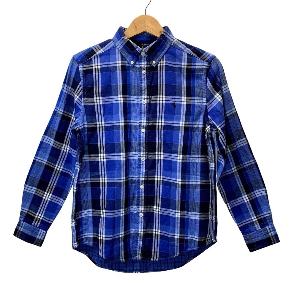 Ralph Lauren Shirt Youth Boys L 14/16 Blue White Plaid Long Sleeves Button Down